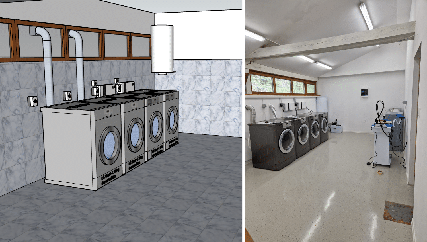3D model of commercial laundry compared with finished commercial laundry