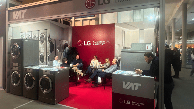 LG Zeus industrial washing and drying machines displayed at the HoReCa Equipment 2026 booth in Belgrade.