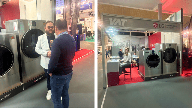LG Zeus industrial washing and drying machines displayed at the HoReCa Equipment 2026 booth in Belgrade.