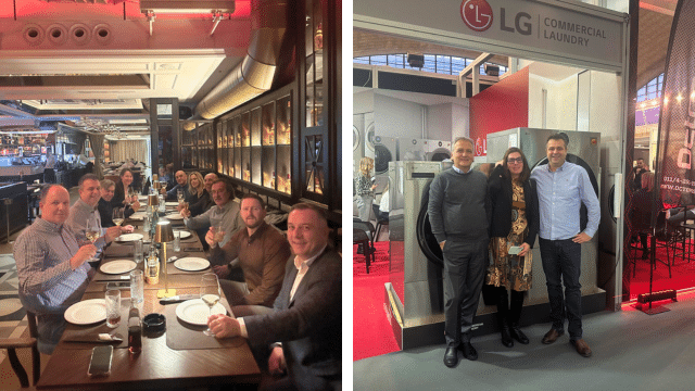 LG Zeus industrial washing and drying machines displayed at the HoReCa Equipment 2026 booth in Belgrade.