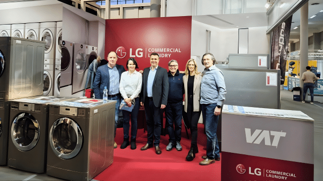 LG Zeus industrial washing and drying machines displayed at the HoReCa Equipment 2026 booth in Belgrade.