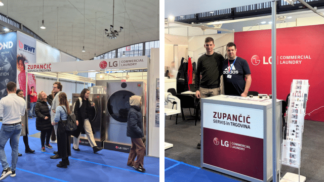 LG Commercial Laundry exhibition stand at GAST Ljubljana showcasing professional washers, dryers, and finishing equipment, with team members and visitors engaging in technical discussions.