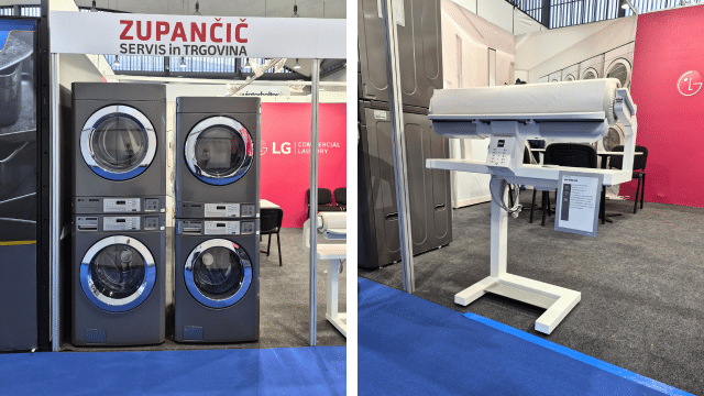 LG Commercial Laundry exhibition stand at GAST Ljubljana showcasing professional washers, dryers, and finishing equipment, with team members and visitors engaging in technical discussions.